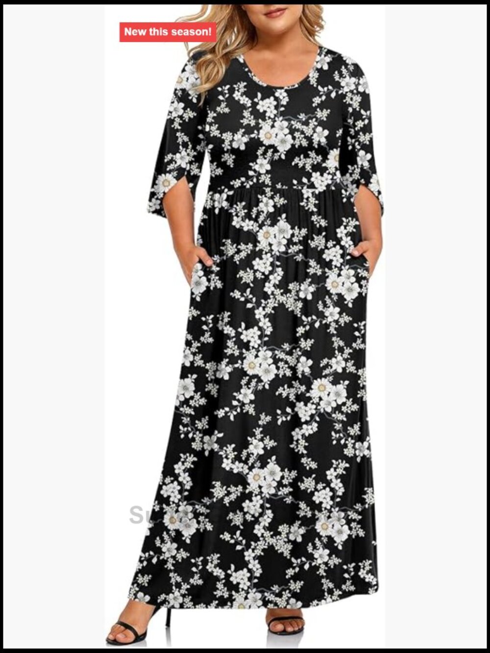 Plus Size Maxi Dress 3/4 Sleeve with Pockets Rayon Spandex